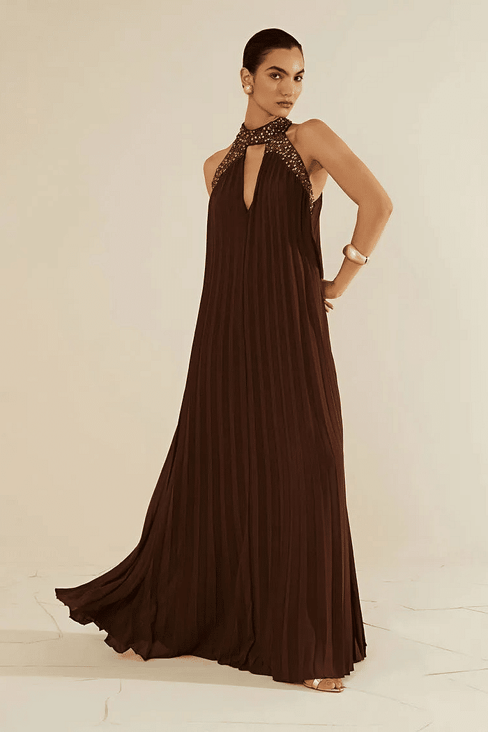 VESTIDO SOLTO GOLA ALTA LONGO MARROM MORENA ROSA