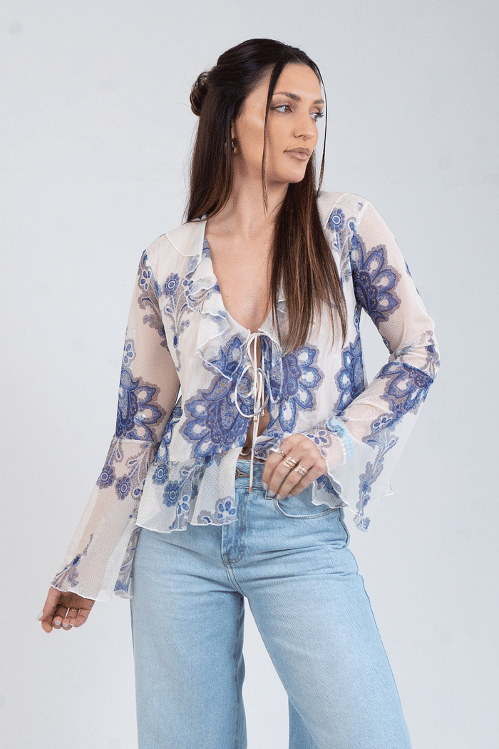 BLUSA AJUSTADA DECOTE V MANGA LONGA PADRAO MORENA ROSA