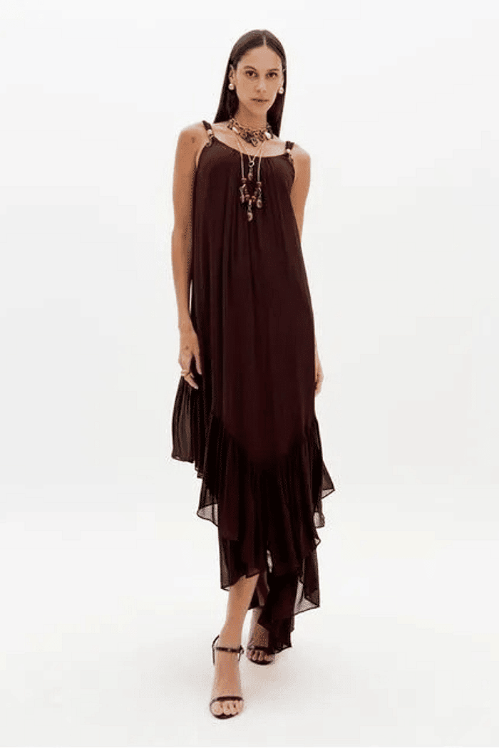 VESTIDO LONGO DE CHIFFON MARROM LANÇA PERFUME