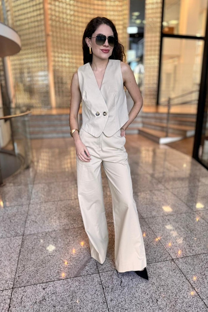 CALCA ALFAIATARIA WIDE LEG BEGE LANÇA PERFUME