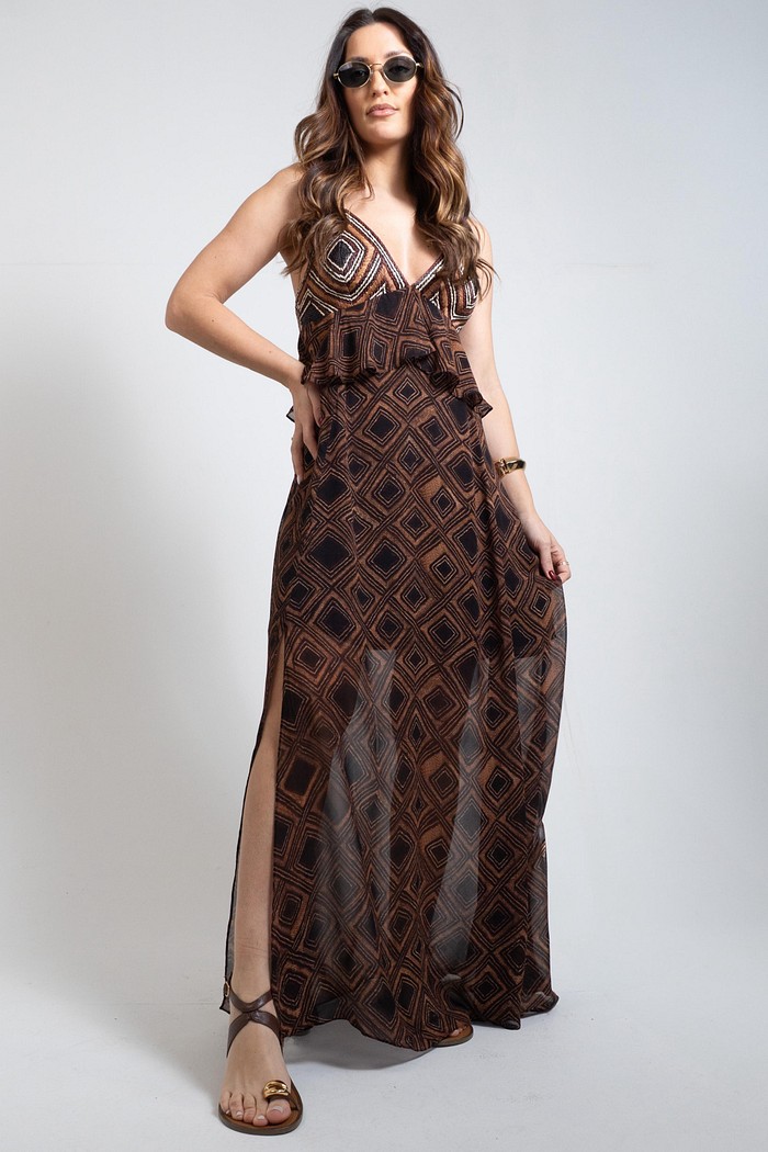 VESTIDO DE GEORGETTE MIDI ESTAMPA TEXTURA TAIPAS COM PALA DE RÁFIA ANIMALE