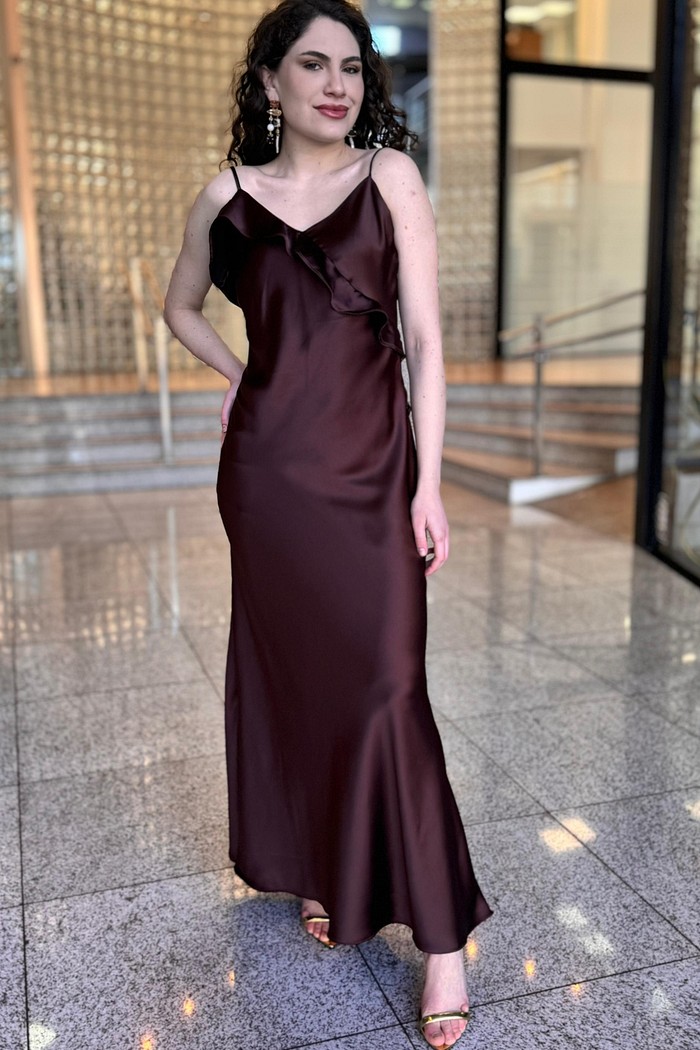 VESTIDO ALCA CETIM MARROM ESMERAL