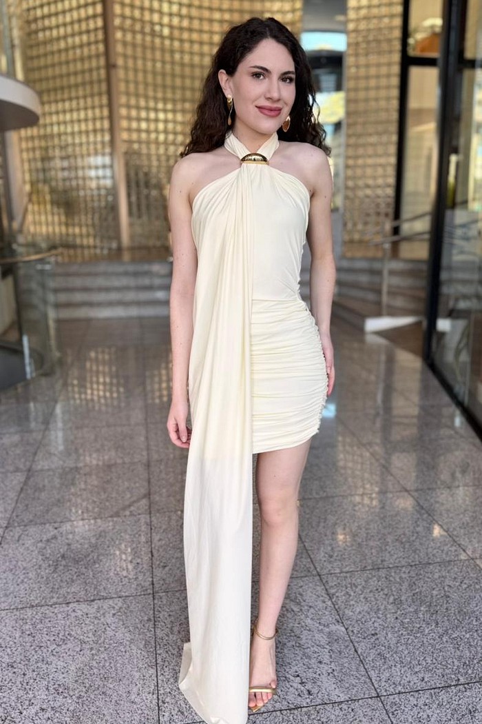 VESTIDO CURTO COM SOBREPOSICAO OFF WHITE LANÇA PERFUME