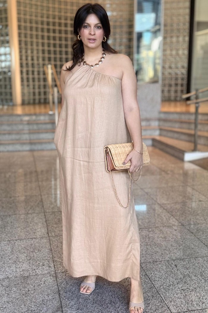 VESTIDO MIDI UM OMBRO SO LINHO NATURAL ANIMALE