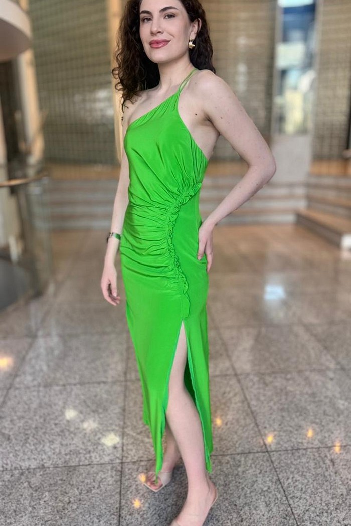 VESTIDO LONGO DE SEDA UM OMBRO ANIMALE