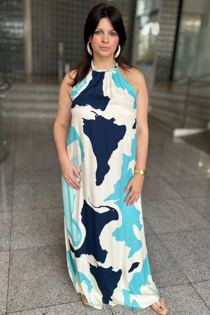 VESTIDO LONGO FRENTE UNICA ESTAMPADO AZUL LANÇA PERFUME