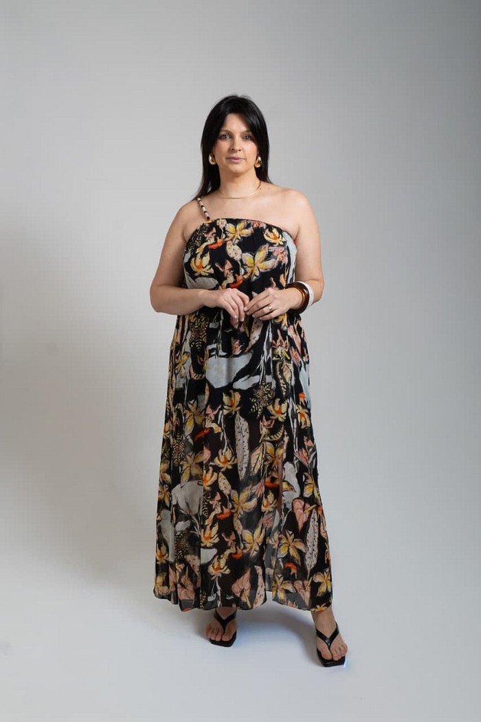 VESTIDO MIDI OMBRO FOLHAGEM MATA ANIMALE