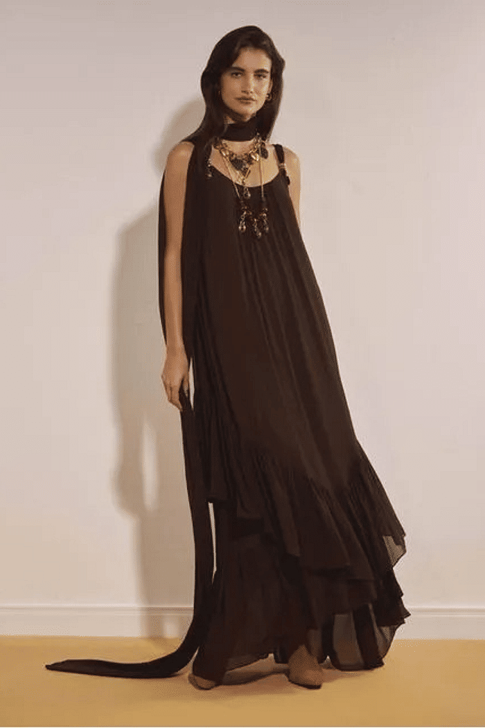 VESTIDO LONGO DE CHIFFON MARROM LANÇA PERFUME