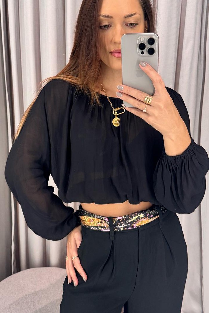 BLUSA MANGA LONGA CHIFFON PRETA LANÇA PERFUME