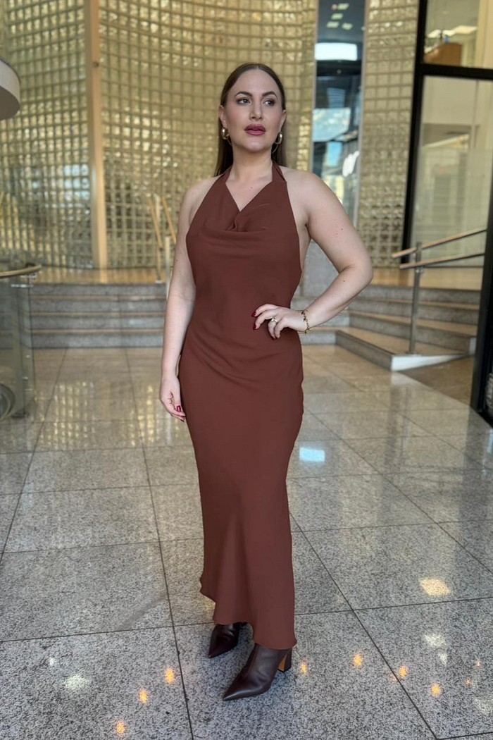 VESTIDO MIDI MARROM IMBUIA FORUM