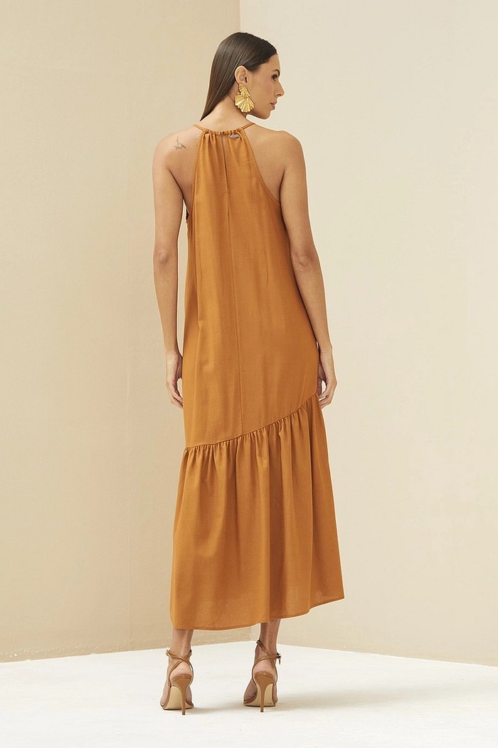 VESTIDO MIDI SOLTO EM LINHO MARROM ESPECIARIAS FORUM