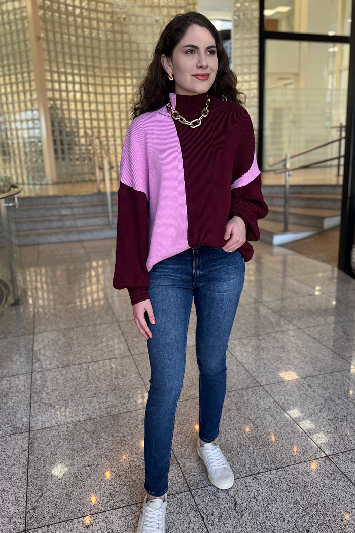 TRICOT  PULL GOLA  ALTA  BICOLOR ROXO E BERRY ANIMALE