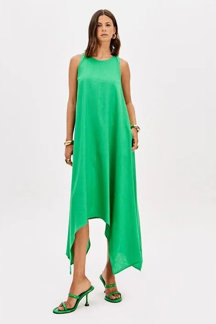 VESTIDO SUPER MIDI ASSIMÉTRICO COM LINHO LANÇA PERFUME