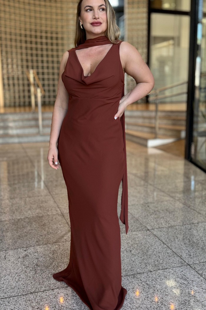 VESTIDO DEGAGE C/ECHARPE  MARROM ESMERAL