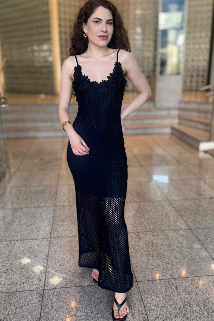 VESTIDO SUPER MIDI DE ALÇAS COM APLICAÇÃO LANÇA PERFUME