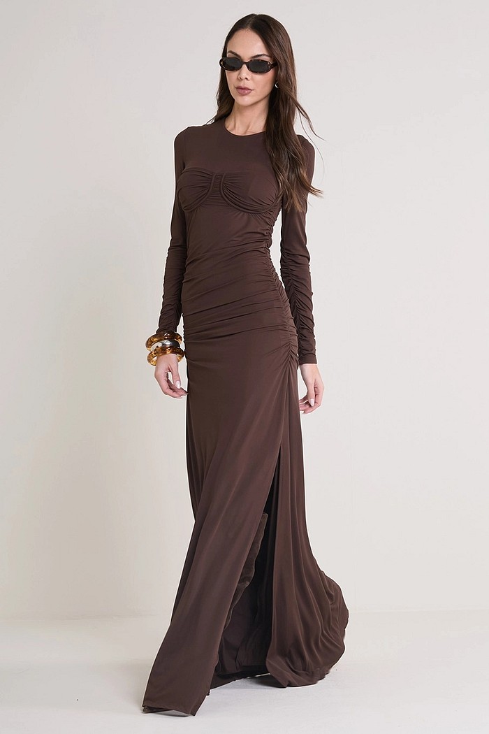 VESTIDO LONGO MARROM NOBUCK FRANZIDO FORUM