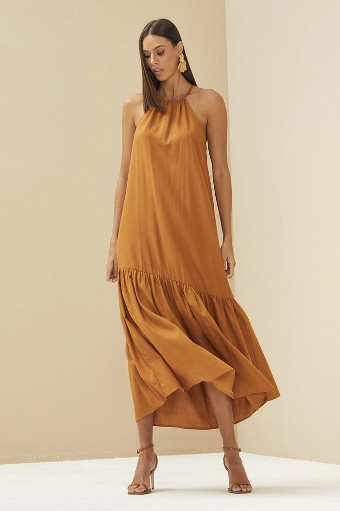 VESTIDO MIDI SOLTO EM LINHO MARROM ESPECIARIAS FORUM