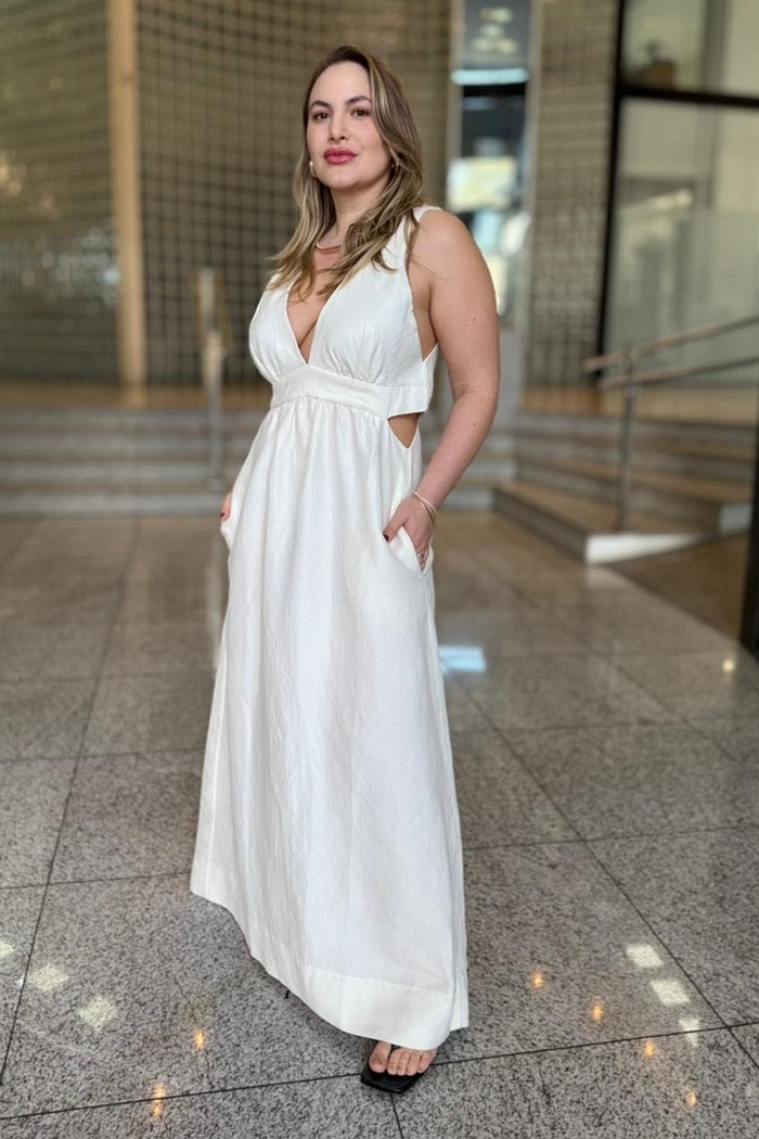 VESTIDO MIDI RECORTES OFF WHITE ANIMALE