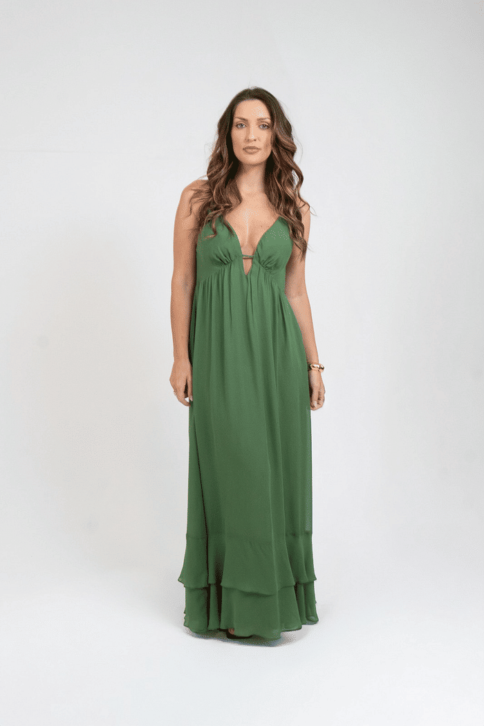 VESTIDO DE GEORGETTE MIDI BARRA BABADOS VERDE ANIMALE