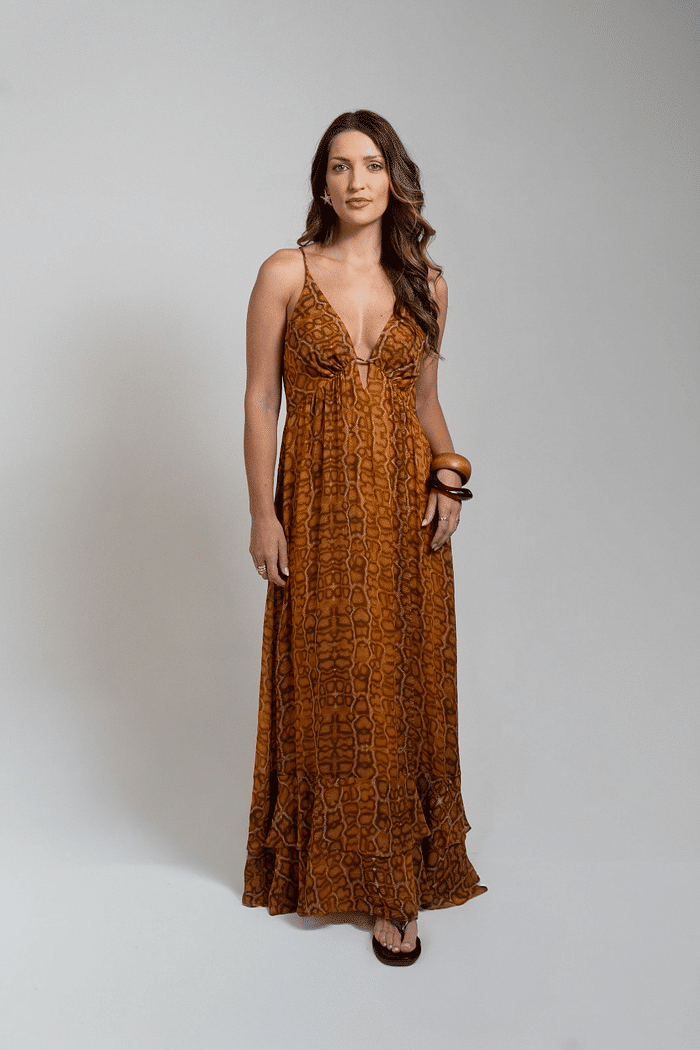 VESTIDO DE GEORGETTE MIDI BARRA BABADOS COBRA LAJEDO ANIMALE