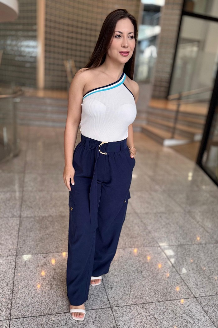 CALCA RETA CINTURA  ALTA  AZUL MARINHO LANÇA PERFUME