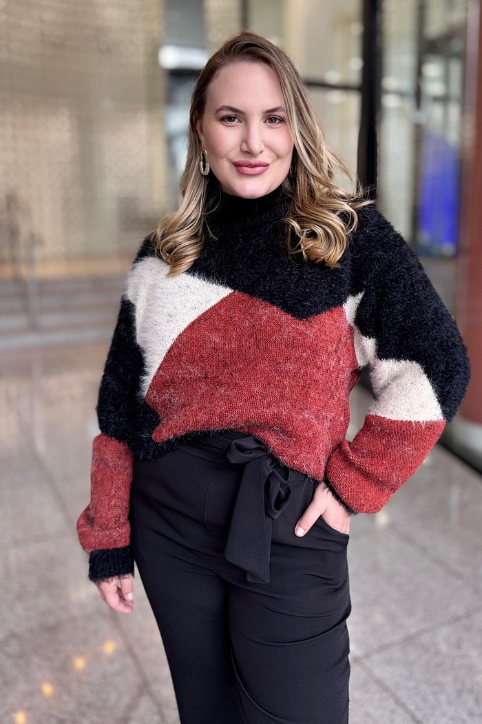 BLUSA TRICOT  MARROM PINHAO/PRETO MORENA ROSA