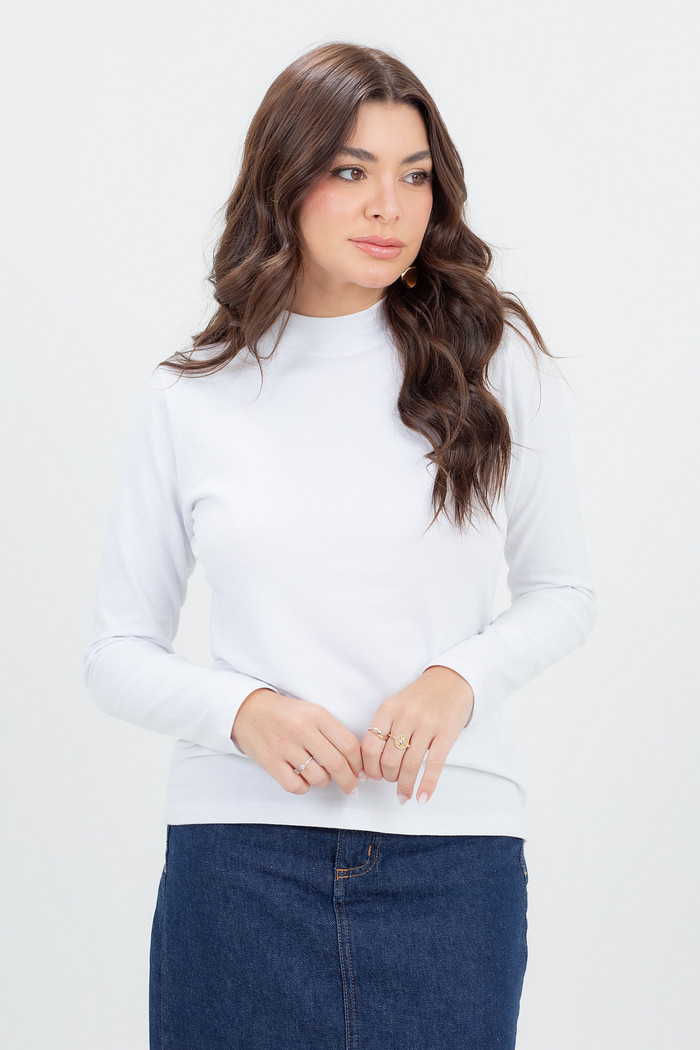 Blusa Feminina Algodão Gola Padre Manga Longa Clássica