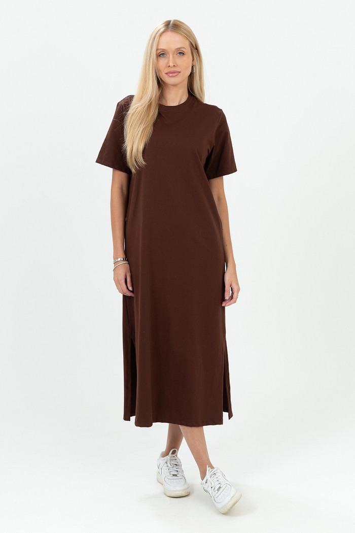 Vestido T-shirt Midi em Algodão com Fendas Laterais