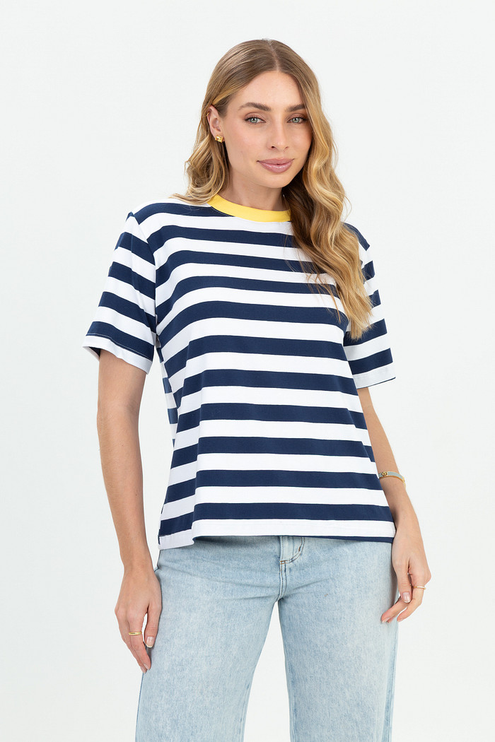 T-shirt Over com Gola de Ribana Colorida