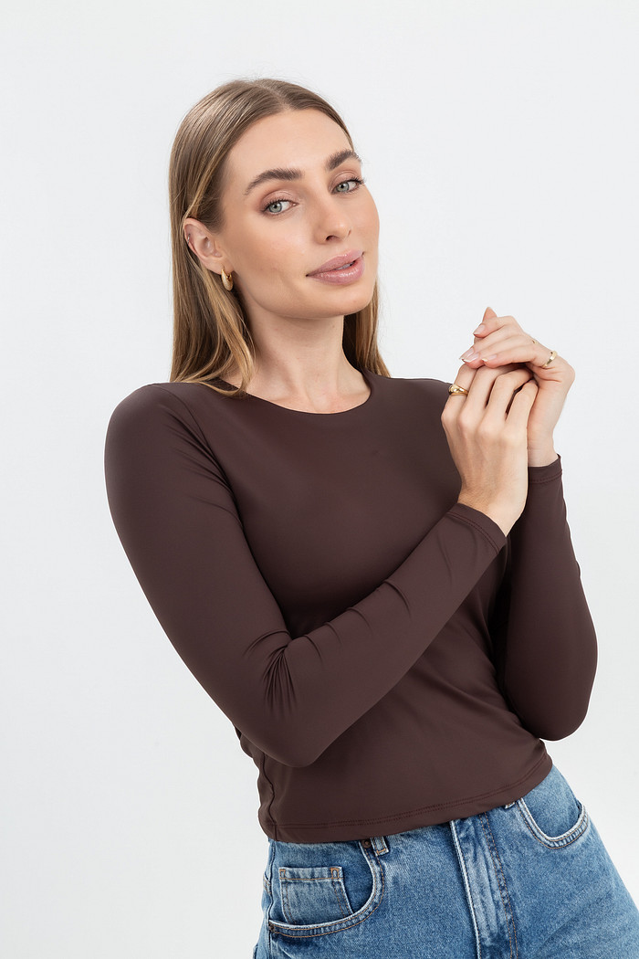 Blusa Decote Redondo Manga Longa Poliamida