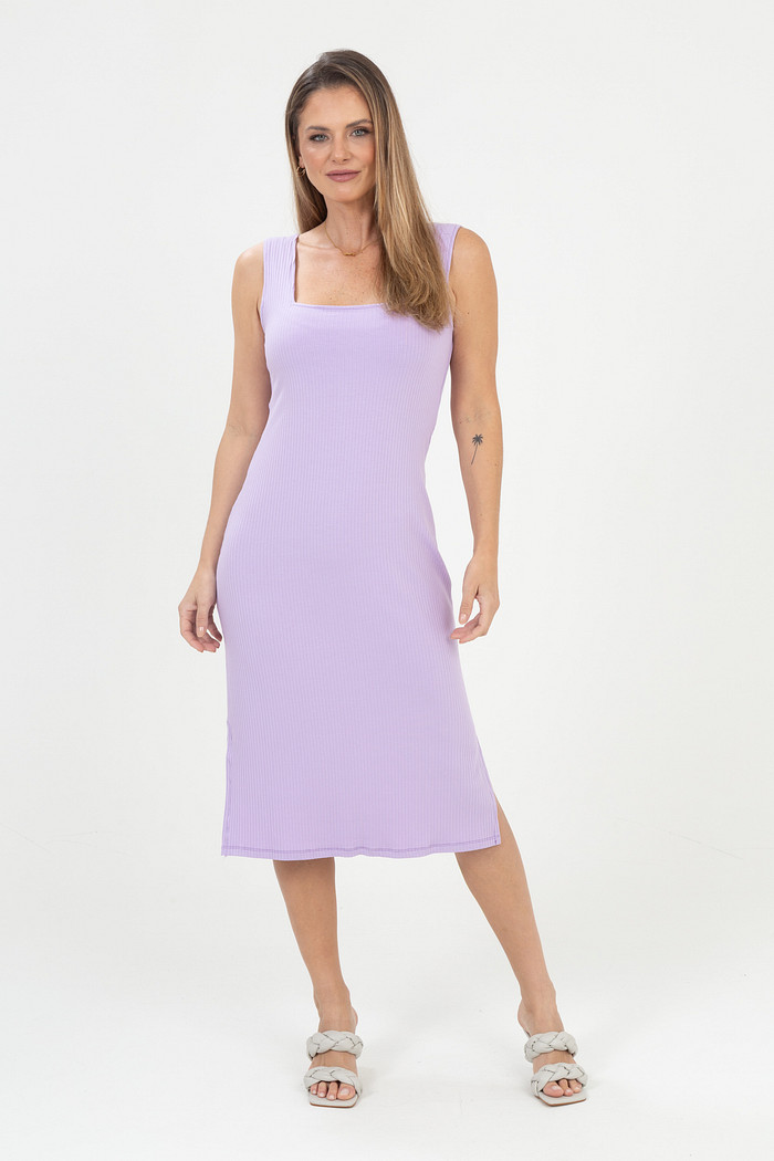 Vestido Canelado Midi Regata com Decote Quadrado