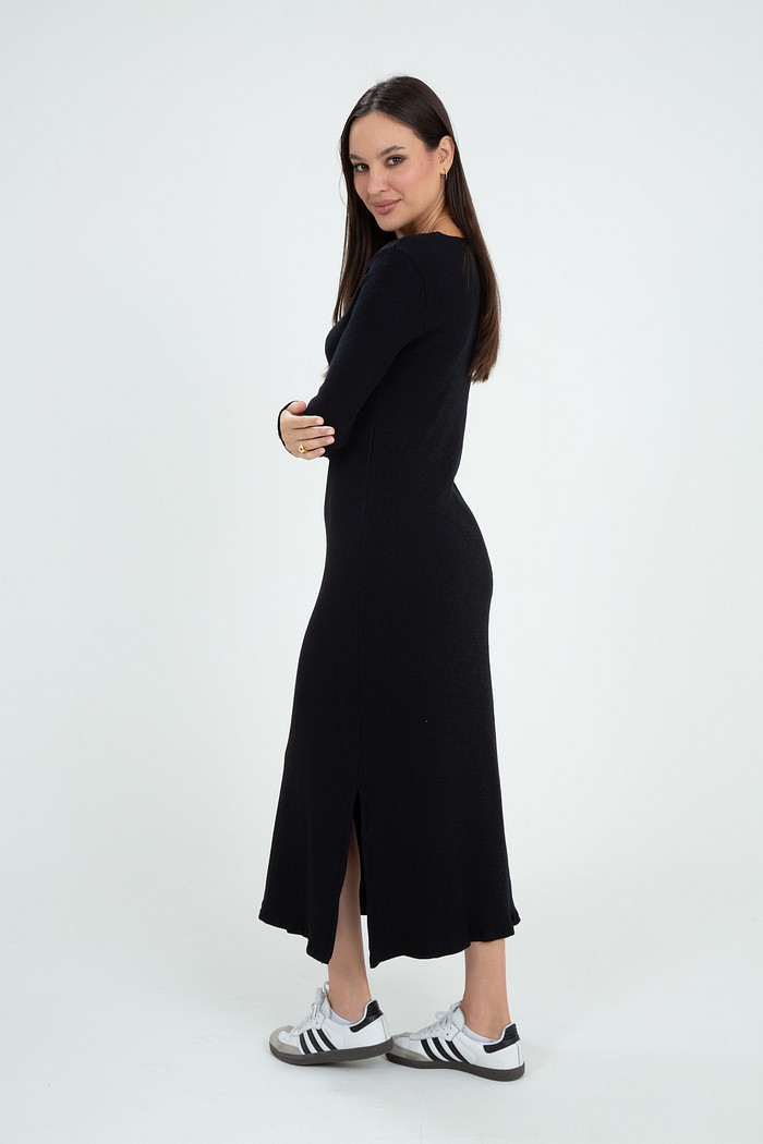 Vestido Feminino Midi Manga Longa Canelado Encorpado