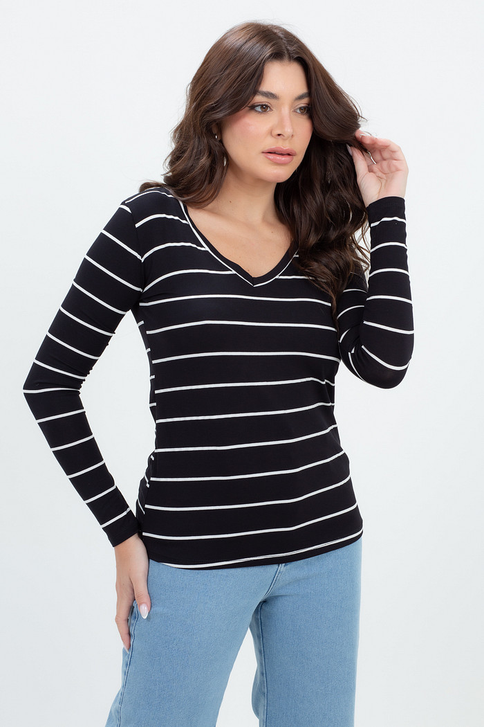 Blusa Feminina Viscose Decote V com Manga Longa