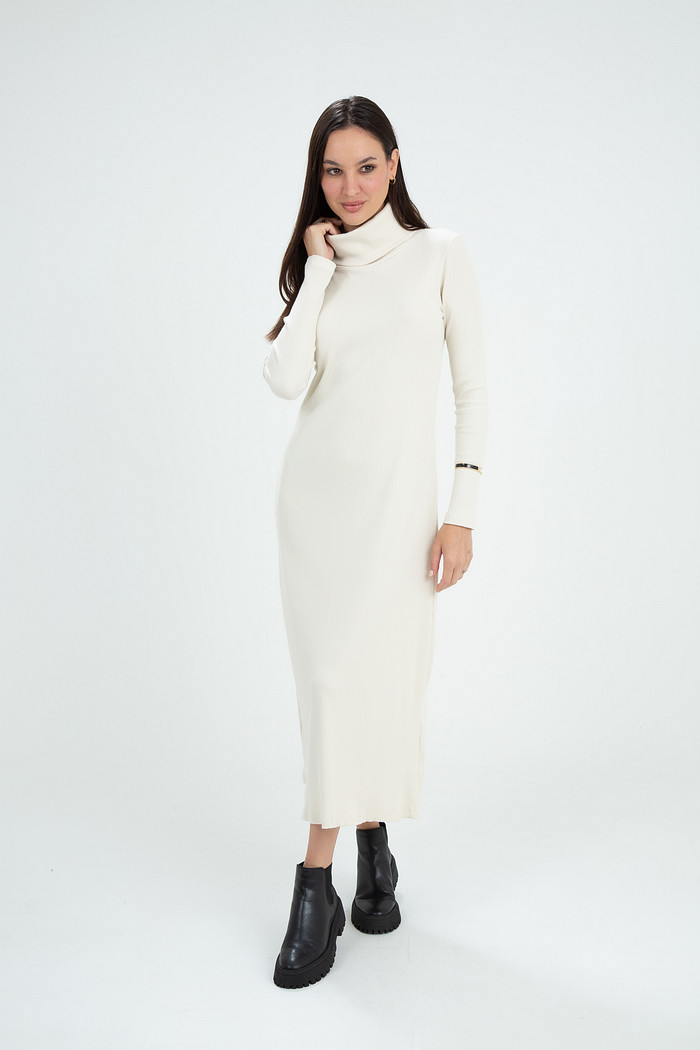 Vestido Canelado Gola Volumosa Manga Longa