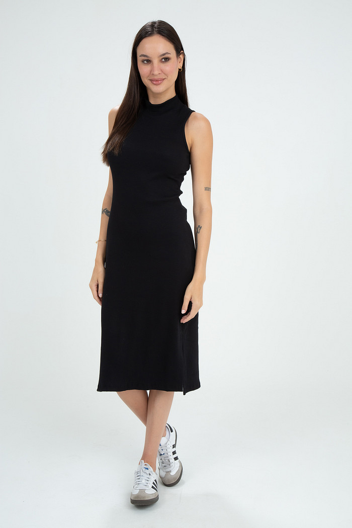 Vestido Midi Regata Gola Padre Em Ribana Com Fendas Laterais