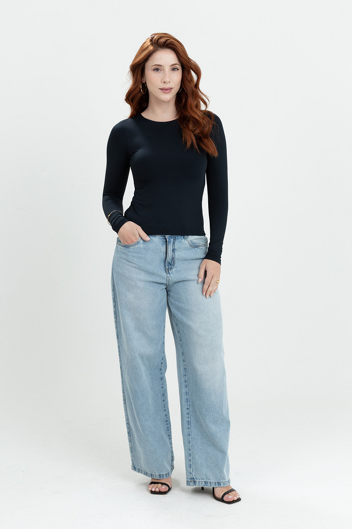 Blusa Decote Redondo Manga Longa Poliamida