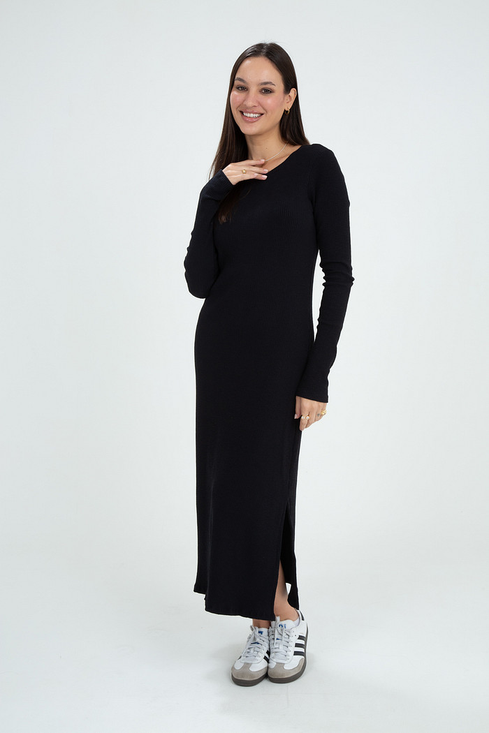 Vestido Feminino Midi Manga Longa Canelado Encorpado