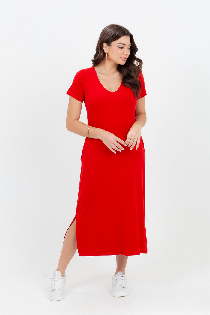 Vestido Feminino Viscolycra Solto Midi com Bolsos Leve