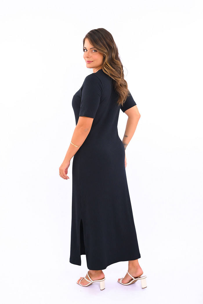 Vestido Canelado Solto Midi Manga 3/4