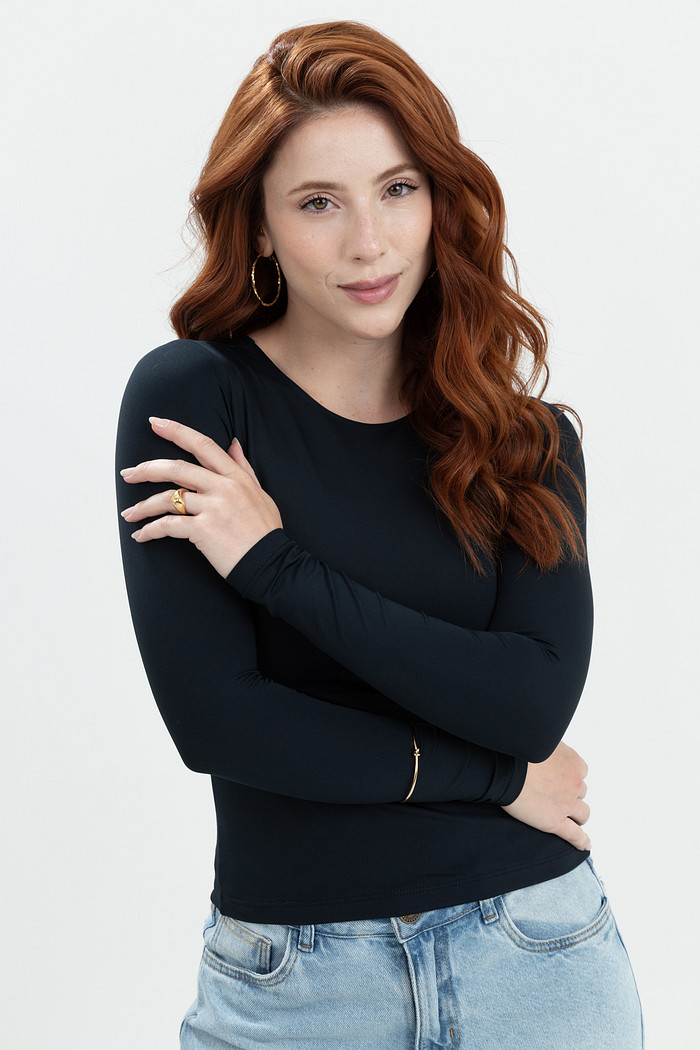 Blusa Decote Redondo Manga Longa Poliamida