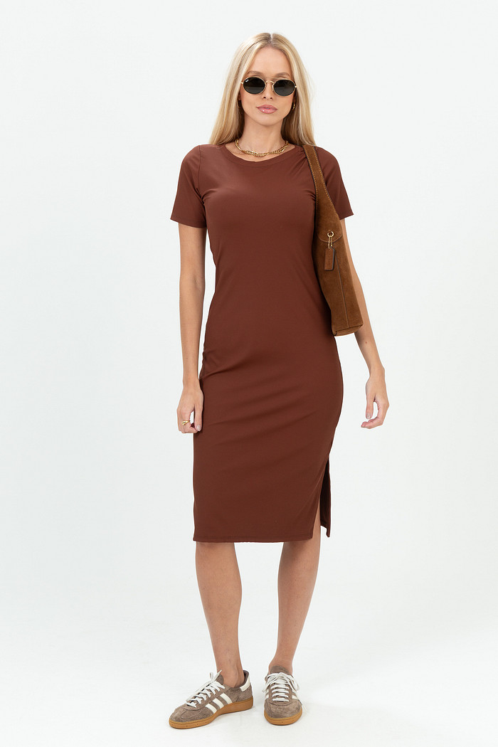 Vestido Midi em Ribana de Poliamida com Fenda Lateral