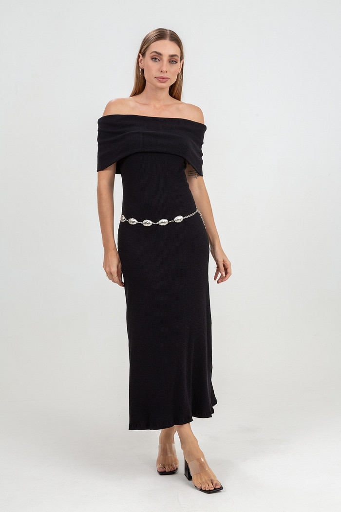 Vestido Ombro a Ombro Midi Godê em Malha Canelada de Algodão