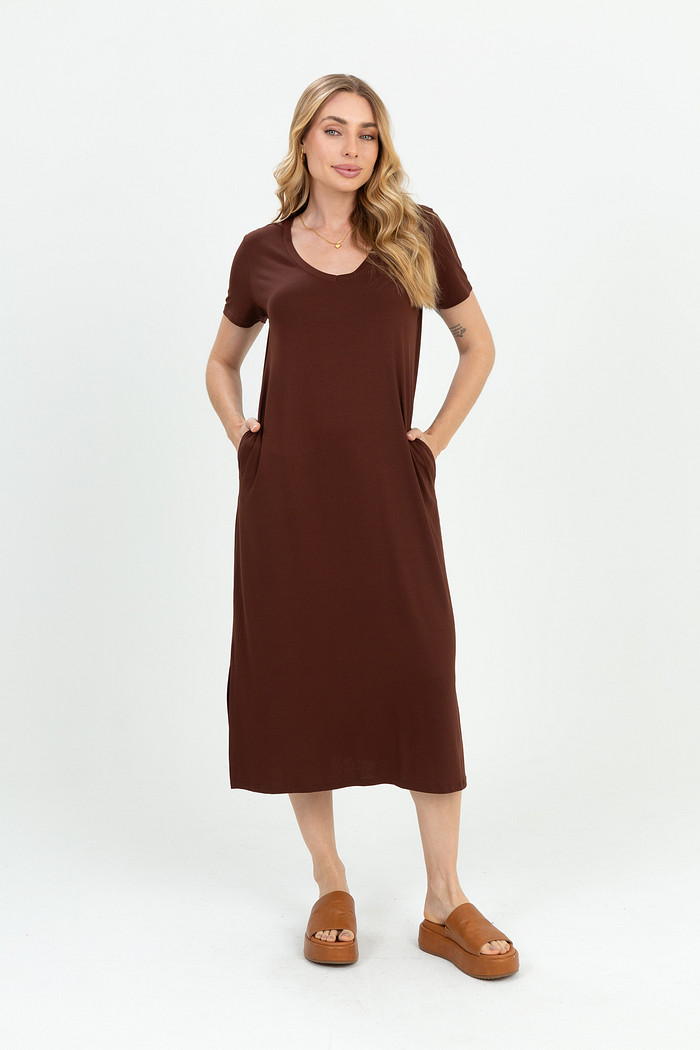 Vestido Feminino Viscolycra Solto Midi com Bolsos Leve