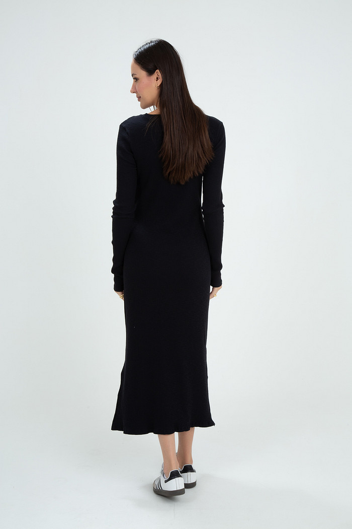 Vestido Feminino Midi Manga Longa Canelado Encorpado