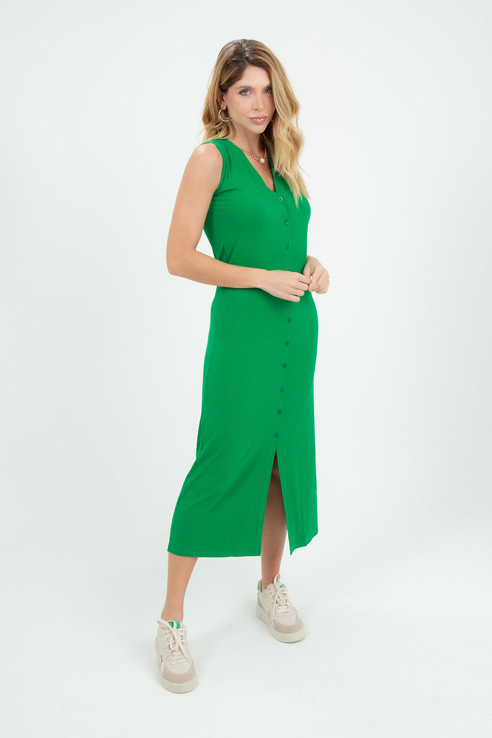 Vestido Feminino Canelado Regata com Botões Frontais