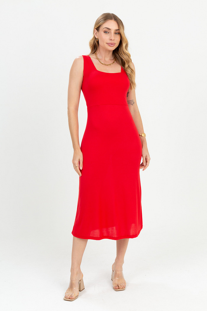 Vestido Feminino Viscolycra com Decote Quadrado