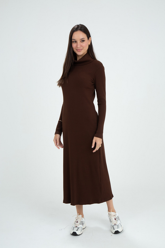 Vestido Canelado Gola Volumosa Manga Longa