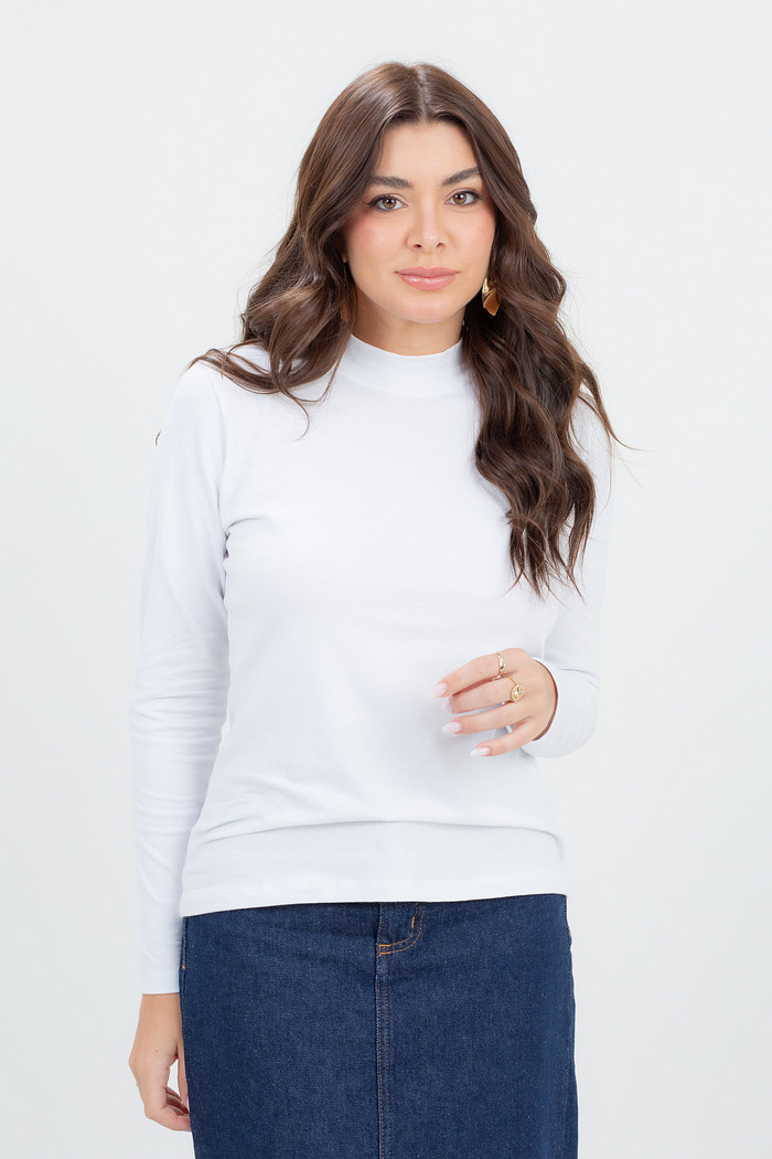 Blusa Feminina Algodão Gola Padre Manga Longa Clássica