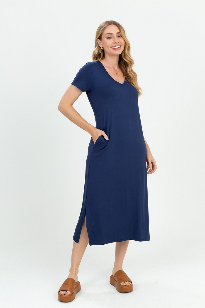 Vestido Feminino Viscolycra Solto Midi com Bolsos Leve