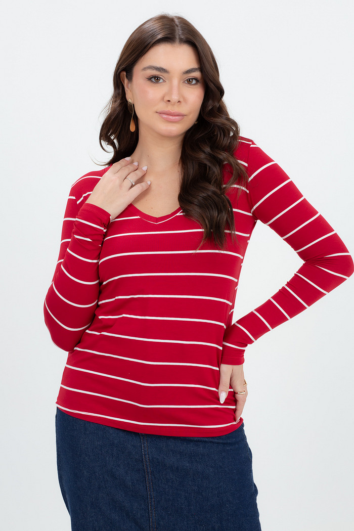 Blusa Feminina Viscose Decote V com Manga Longa